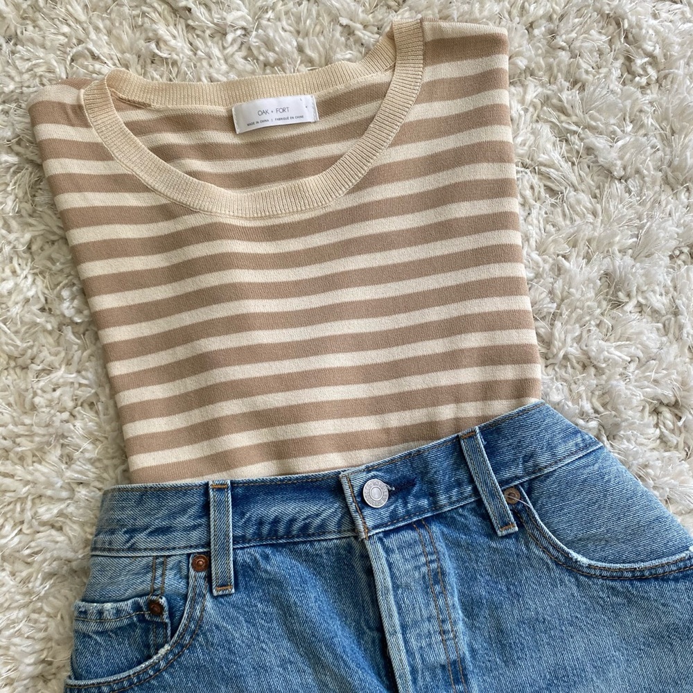 Oak + Fort Knit Sweater Tee Shirt Cream Stripe